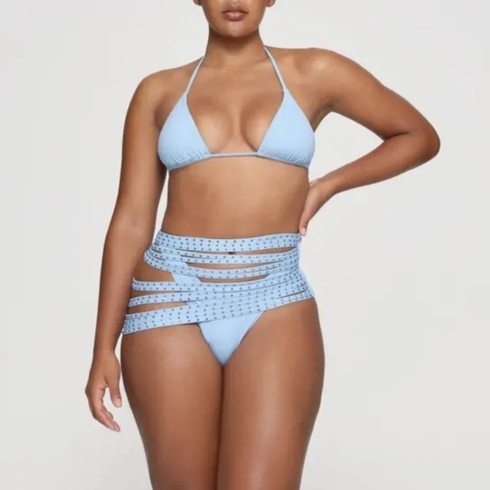 NWT SKIMS RHINESTONE SWIM STRAPPY SKIRT IN IRIS BLUE